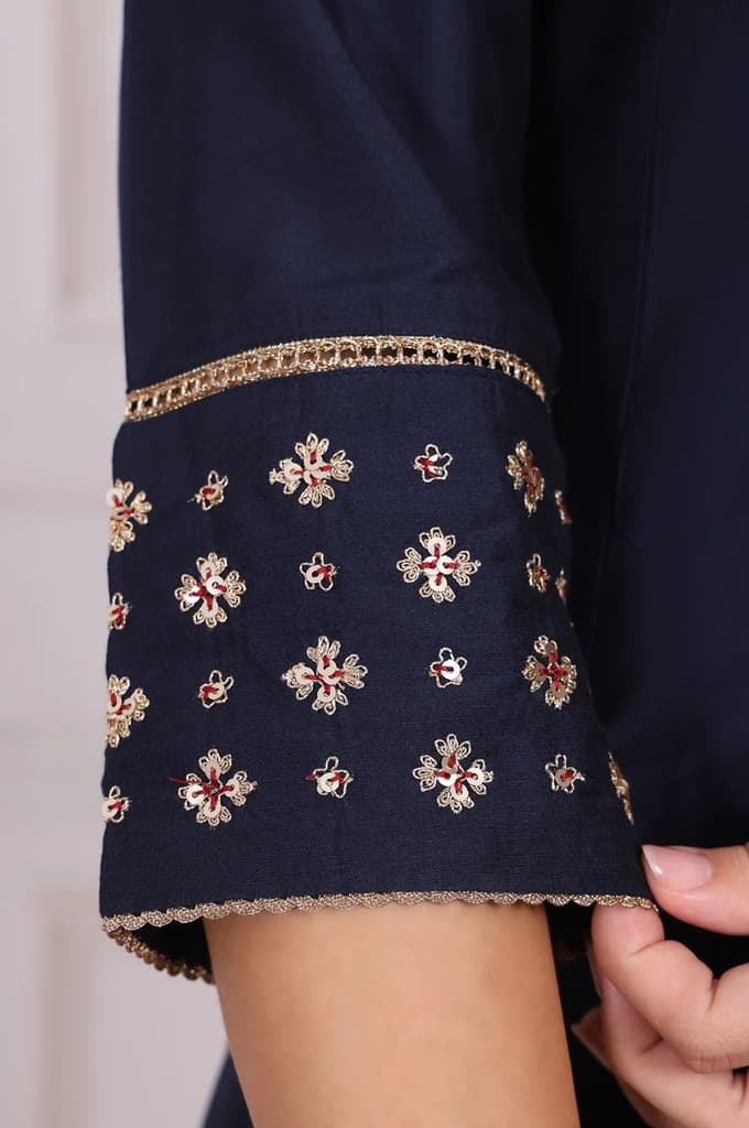 Navy Blue Embroidered Straight Kurta and Pants Set with Dupatta — photo 7