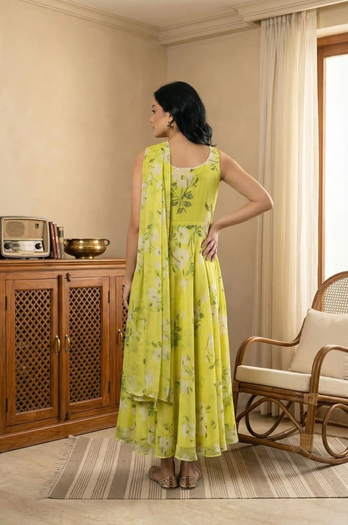 Lime Yellow Floral Printed Organza Flared Dress with Dupatta Set — photo 5