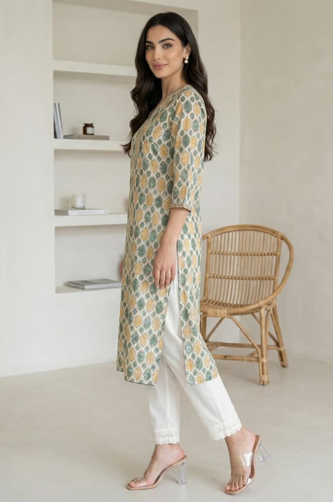 Cream Ethnic Motifs Pure Cotton Straight Kurta with Lace — photo 5
