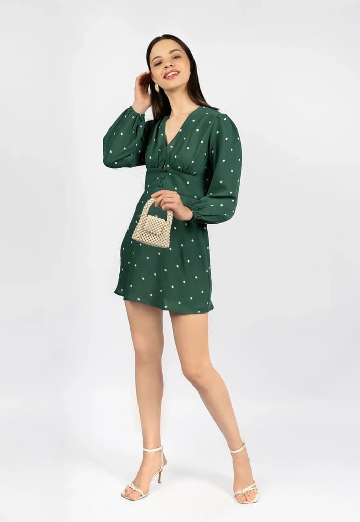 Bottle Green Polka Dot Fit & Flare Dress in Viscose Moss — photo 6