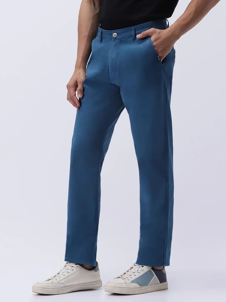 Men's Royal Blue Cotton Regular Fit Casual Chinos Trousers Stretch — photo 3