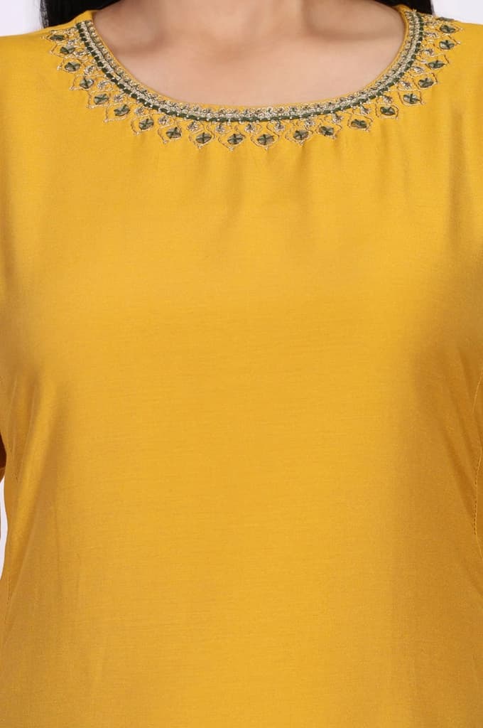 Mustard Embroidered A-Line Rayon Kurta — photo 3