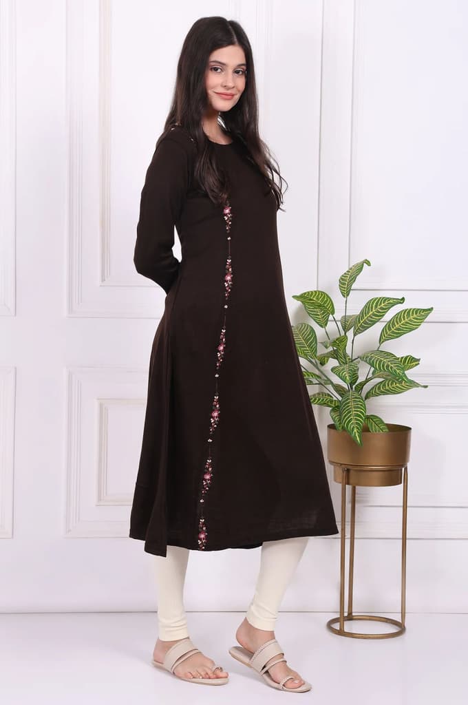 Brown Thread Embroidered Acrylic Flared A-line Kurta — photo 6