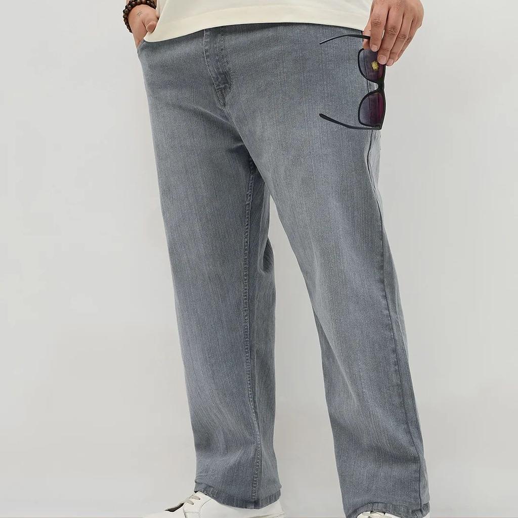 Plus Men's Grey Straight Fit Washed Denim Jeans Stretchable