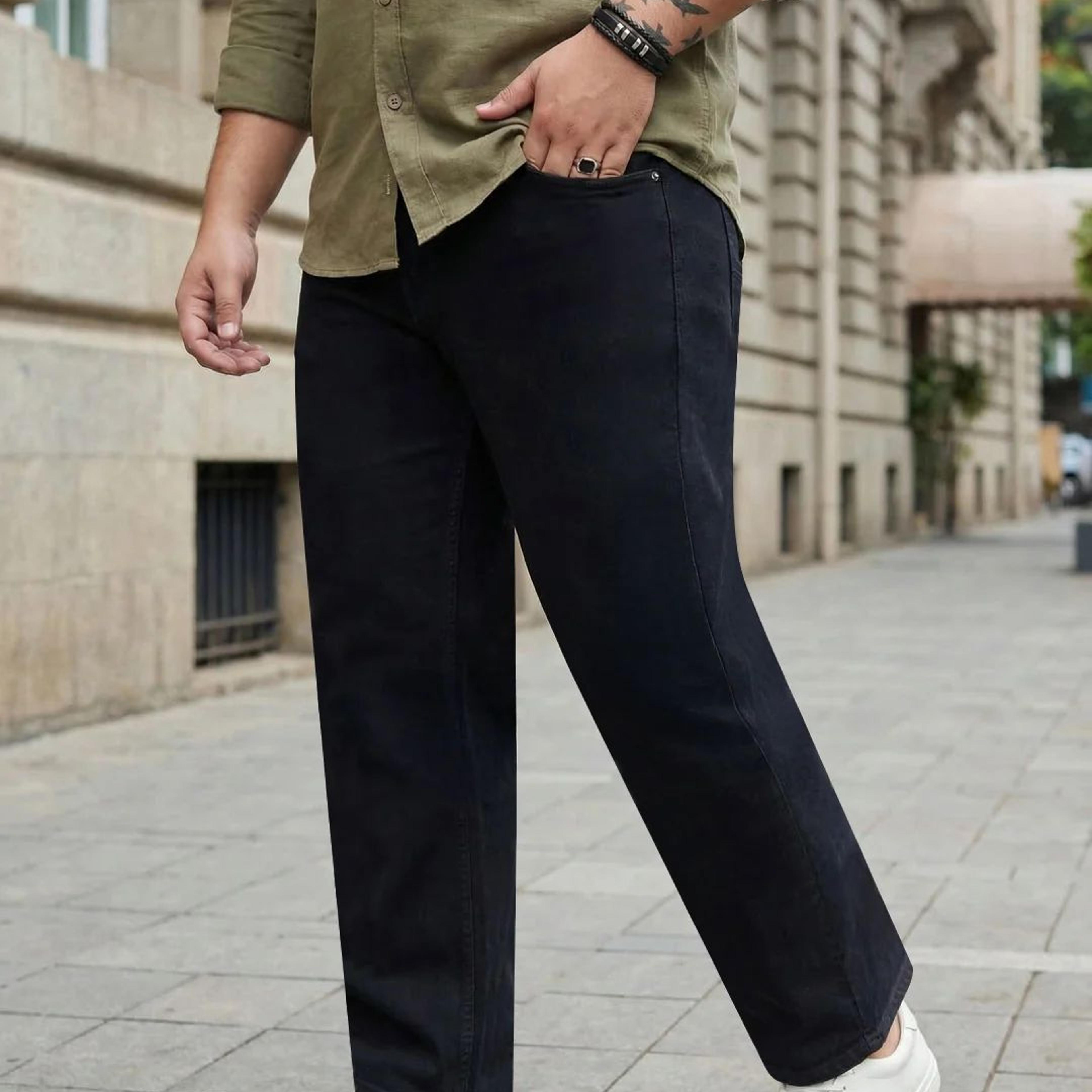 Plus Men's Black Relaxed Fit Washed Denim Jeans Non-Stretchable