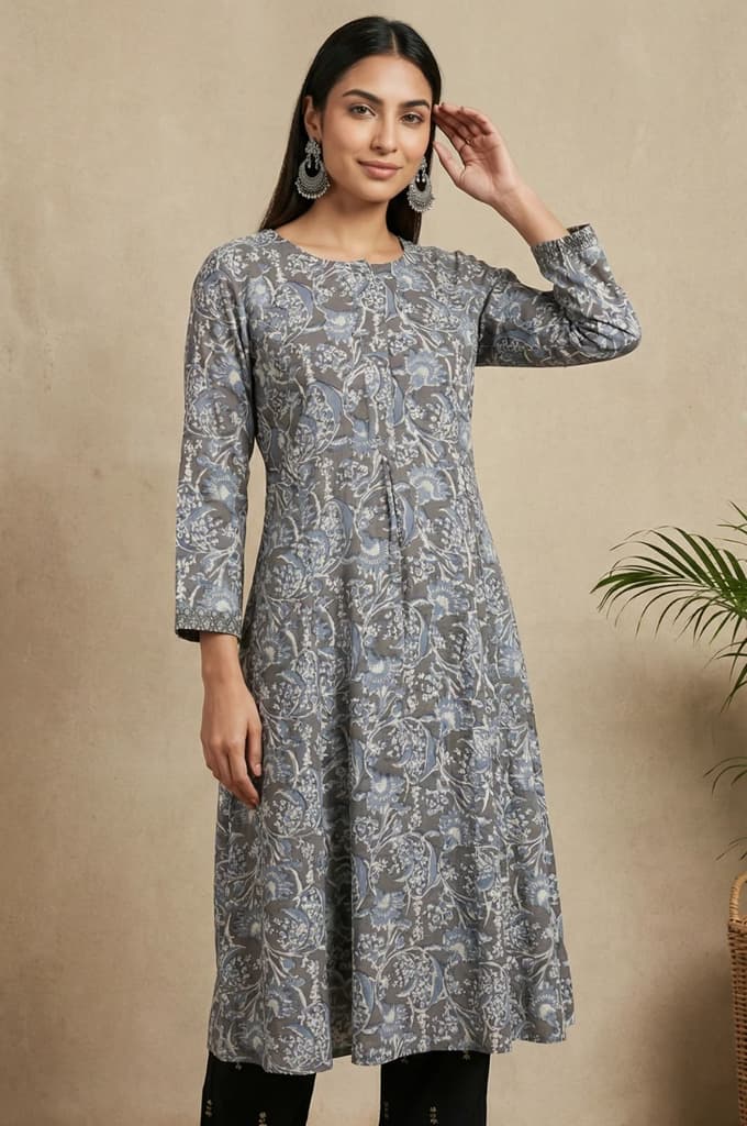 Grey Beadwork Block Printed Rayon Flared Kurta — photo 3