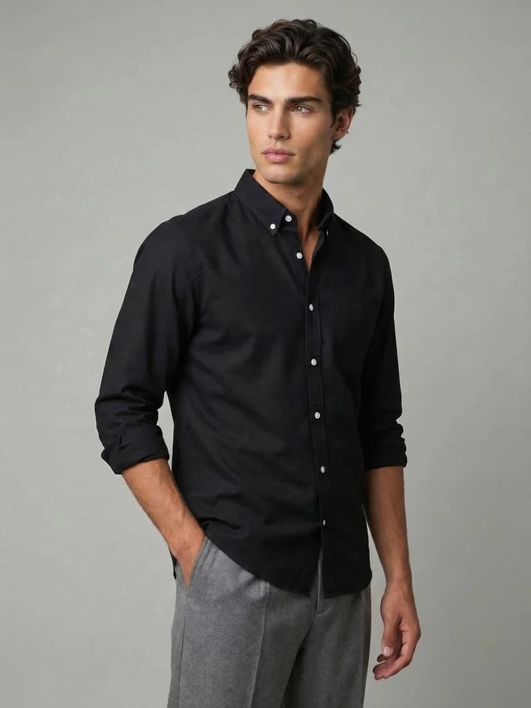 Men's Black Cotton Full Sleeve Regular Fit Solid Oxford Shirt With Button-Down Collar — photo 2
