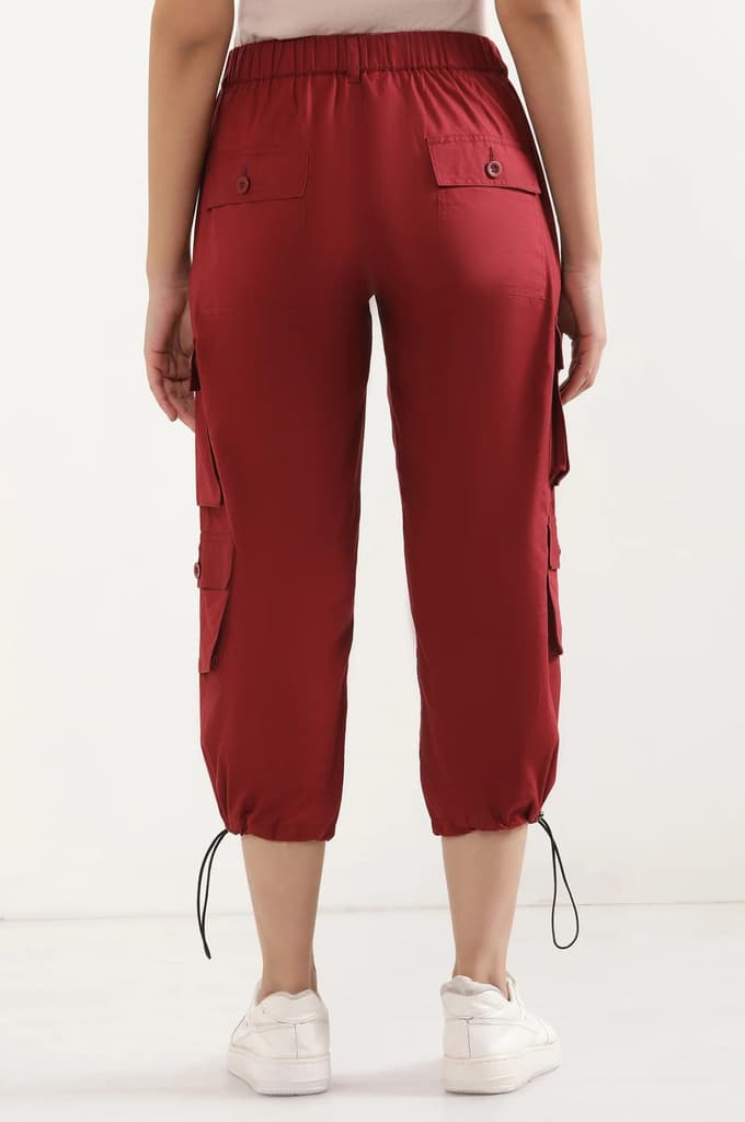 Red Solid Straight Fit Cotton Pants With Drawstring — photo 4