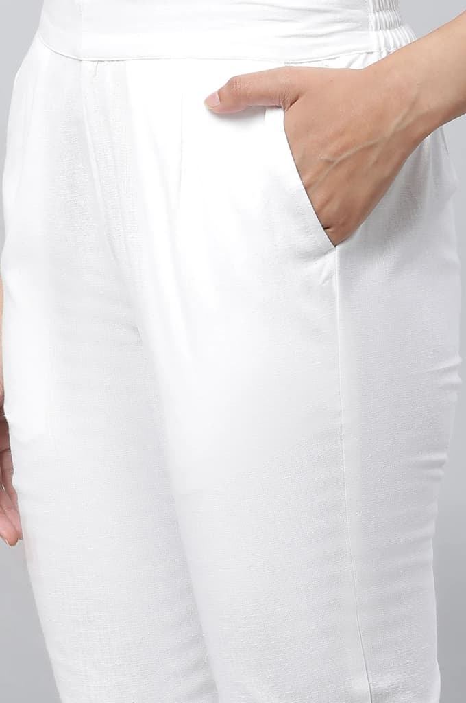 White Solid Straight Fit Cotton Trousers With Embroidered Hemline — photo 6
