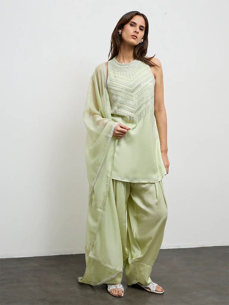 Vark Light Lime Embellished A-Line Ethnic Set — photo 2