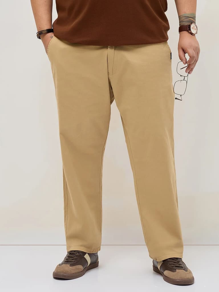 Plus Men's Beige Straight Fit Mid Rise Cotton Casual Chinos Trousers Stretch — 36 / Beige