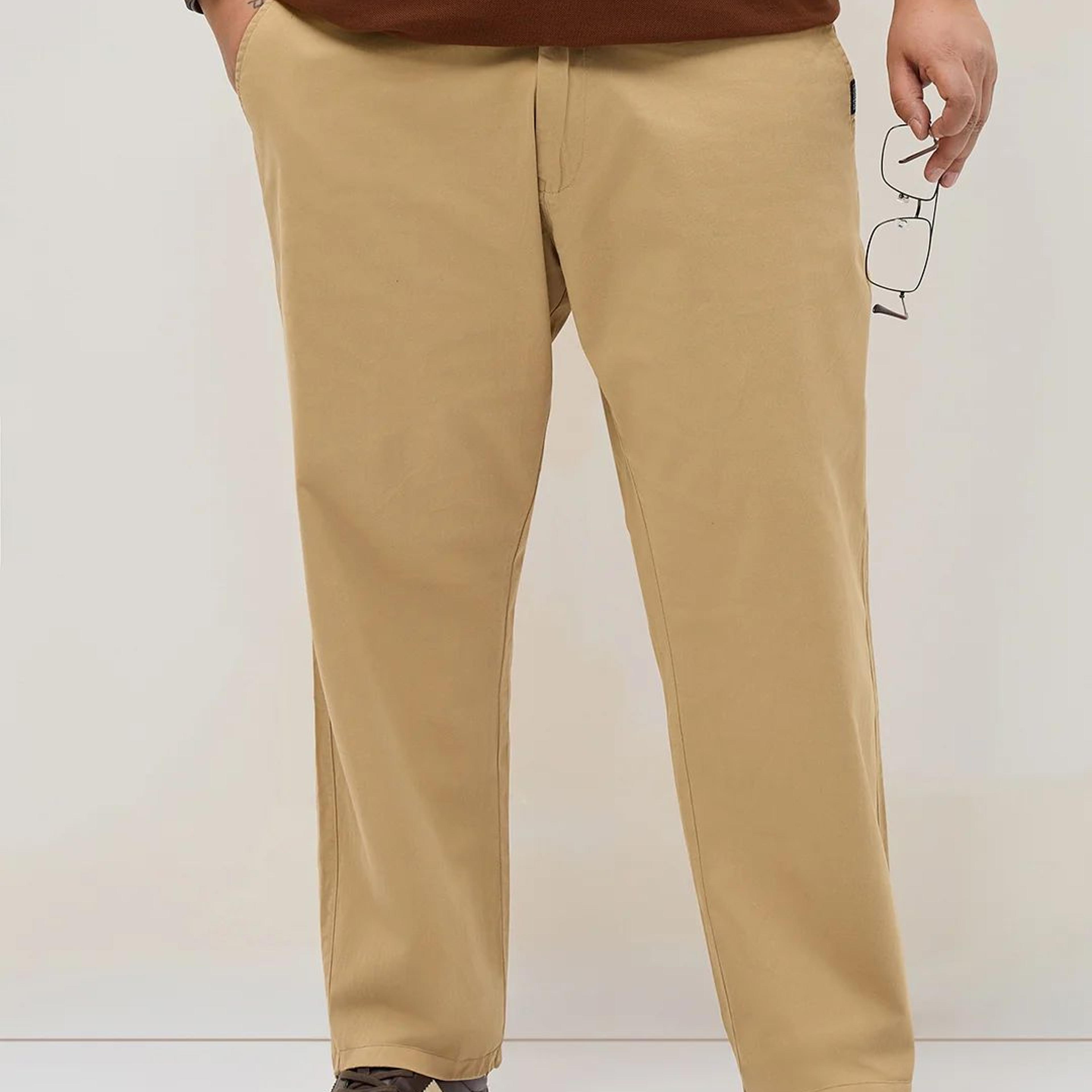Plus Men's Beige Straight Fit Mid Rise Cotton Casual Chinos Trousers Stretch