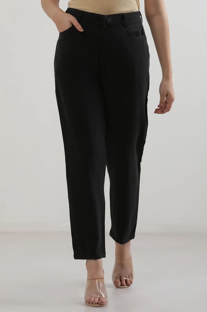 Black Solid Straight Fit Rayon Pants With Button Closure — photo 2