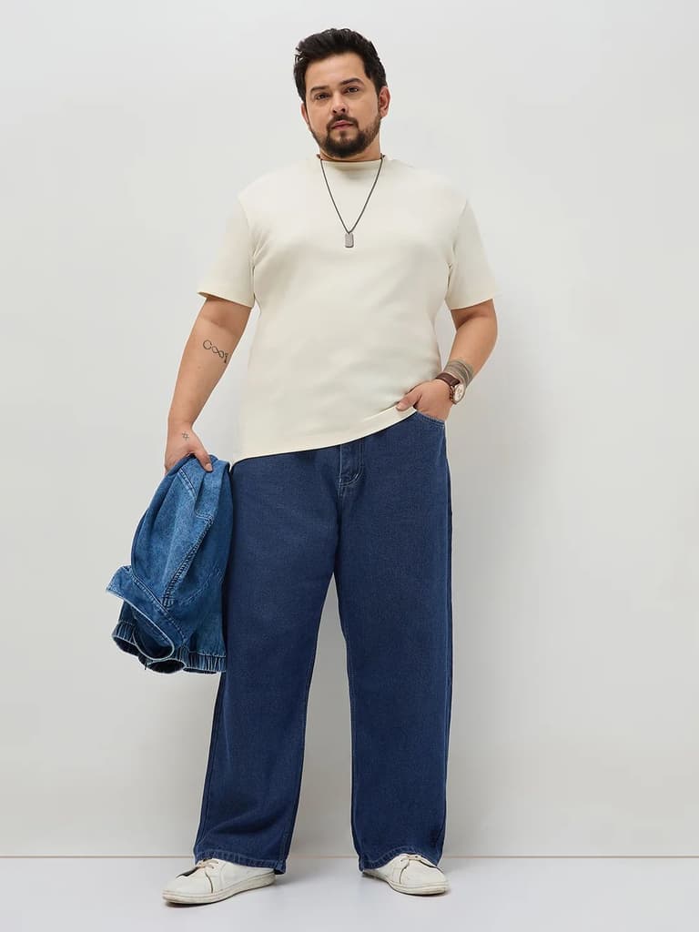 Plus Men's Blue Loose Baggy Fit Raw Washed Denim Jeans Non-Stretchable — photo 4