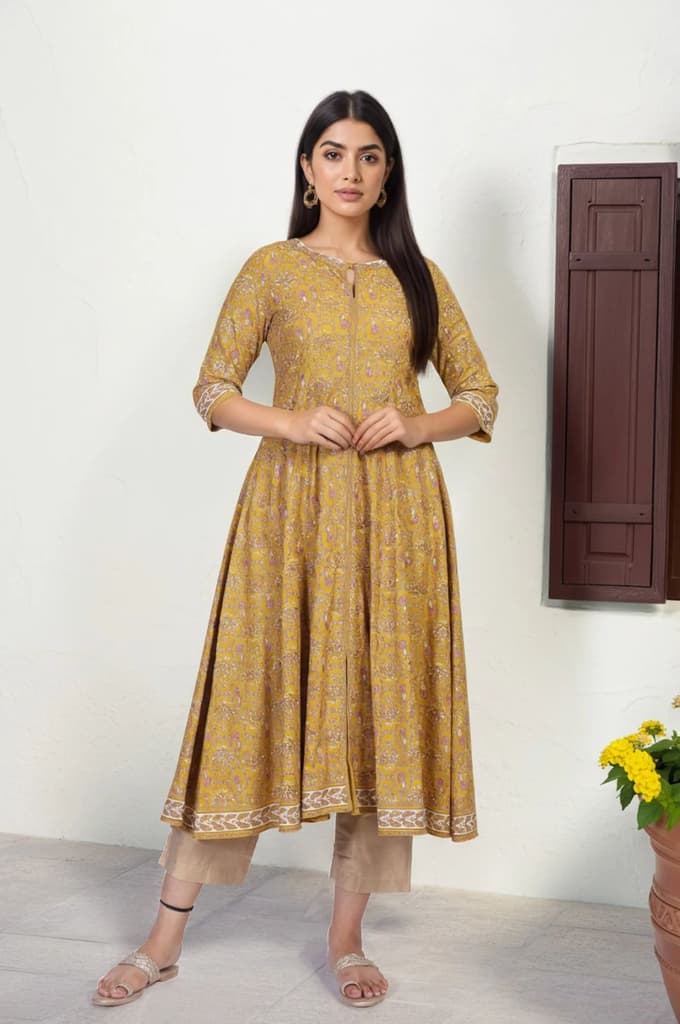 Mustard Floral Printed Anarkali Rayon Kurta — photo 2