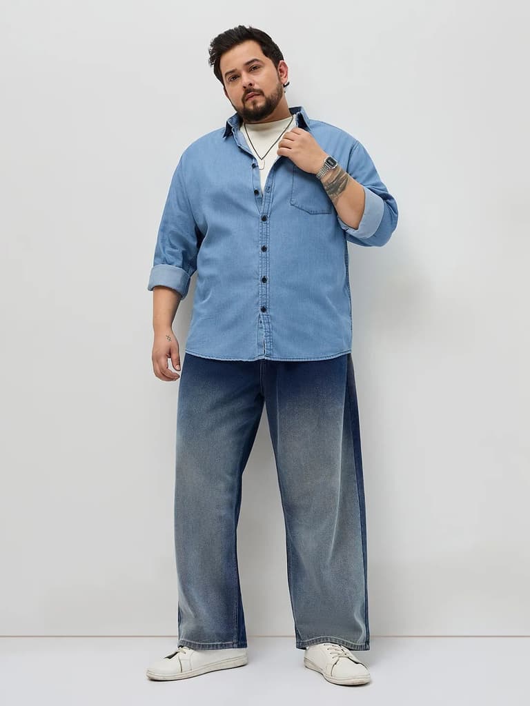 Plus Men's Light Blue Regular Fit Full Sleeve Solid Denim Shirt — photo 4