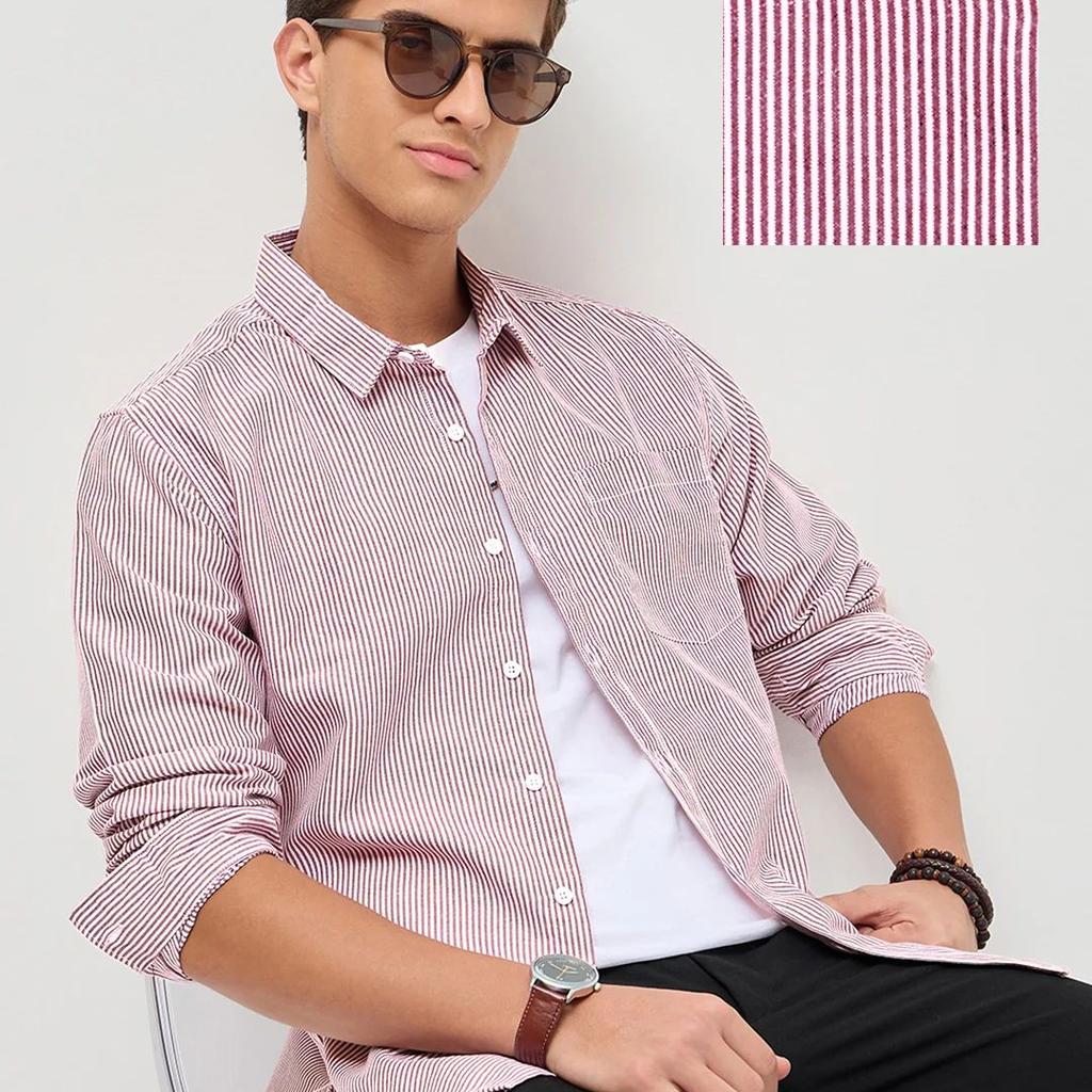Men's Maroon Cotton Full Sleeve Regular Fit Casual Striped Shirt