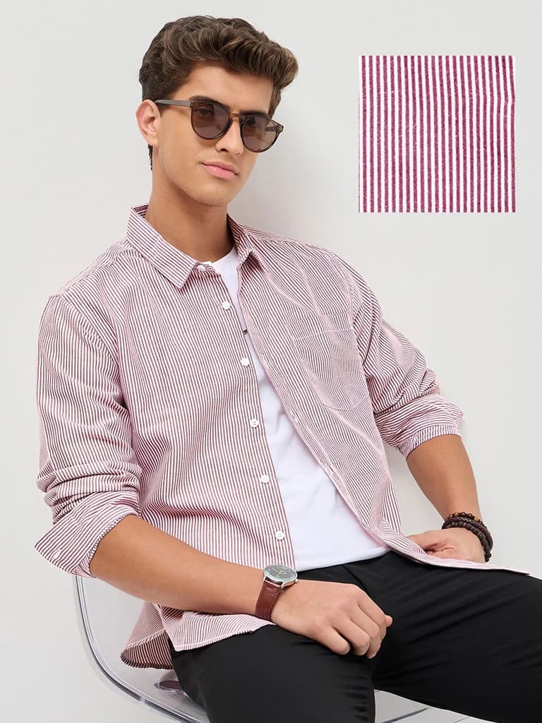 Men's Maroon Cotton Full Sleeve Regular Fit Casual Striped Shirt — S / Maroon