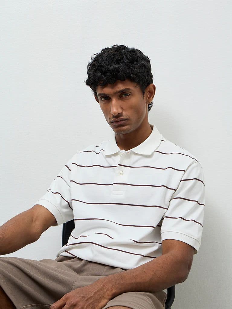 WES Casuals Off-White Striped Relaxed-Fit Cotton Polo T-Shirt