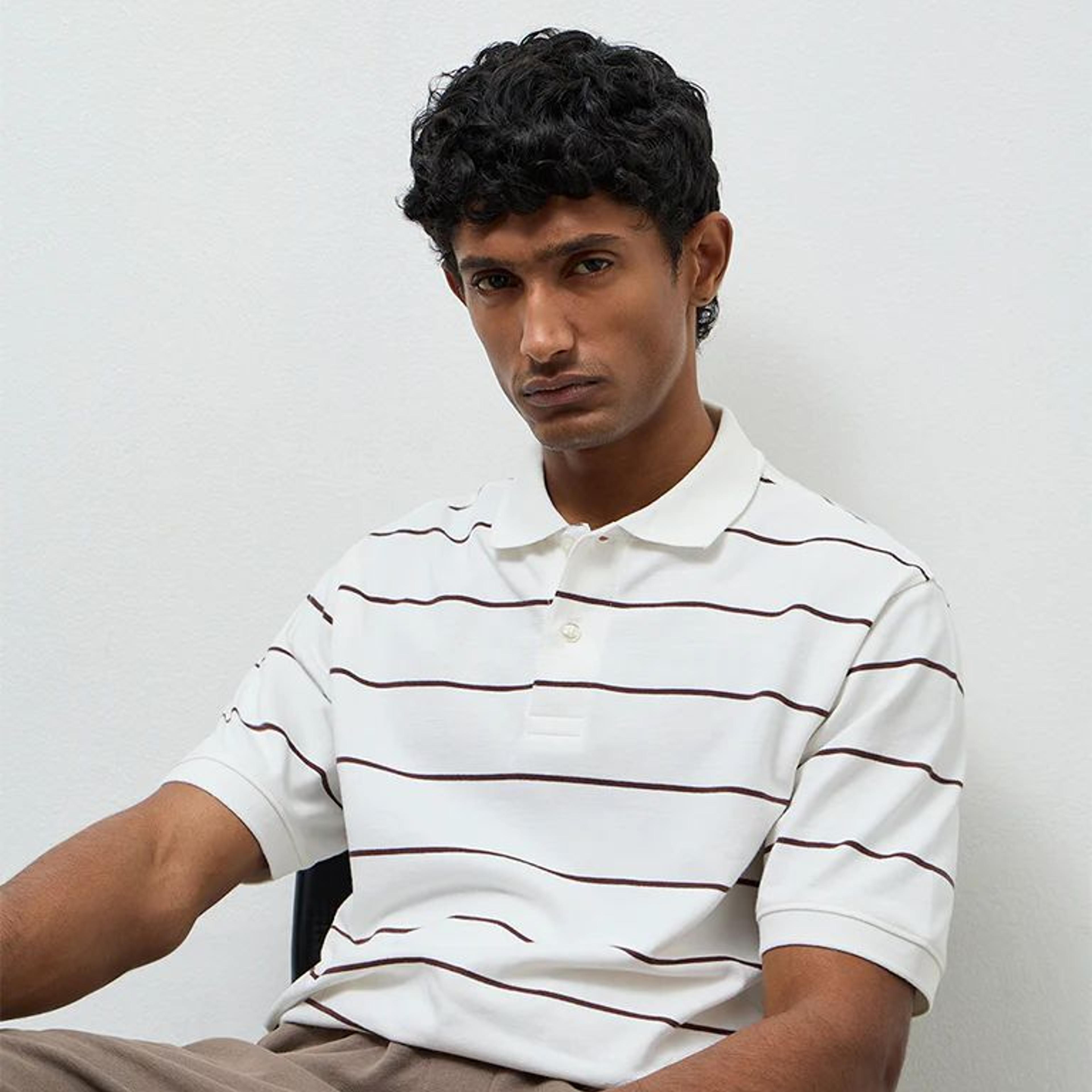 WES Casuals Off-White Striped Relaxed-Fit Cotton Polo T-Shirt