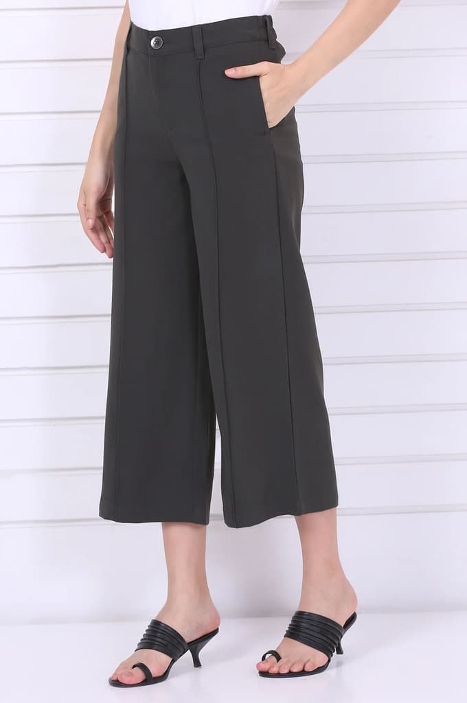 Green Solid Calf Length Culottes with YKK Zipper — photo 3