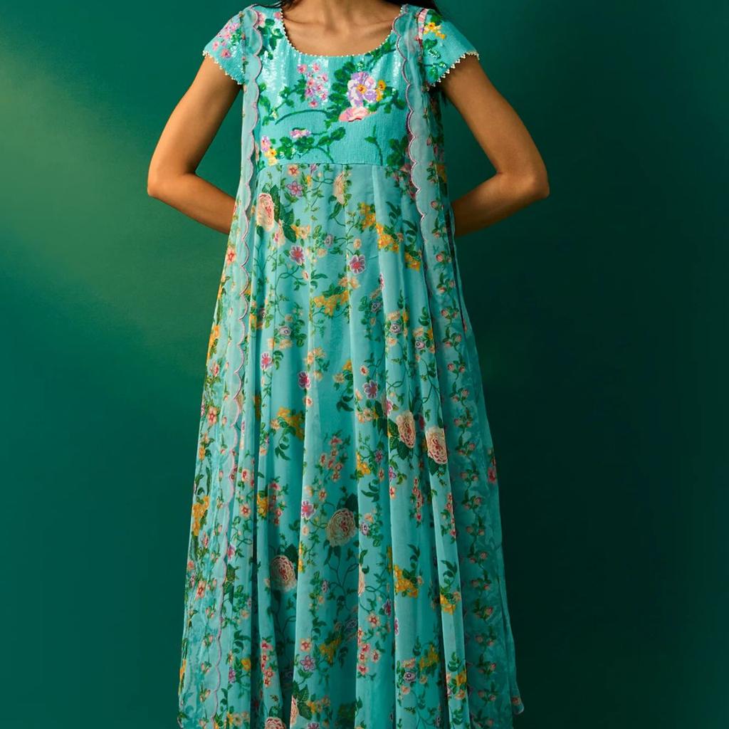 Aqua Blue Embroidered Sequined Flared Georgette Dress with Gillet Set