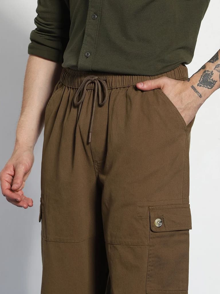 Men's Brown Loose Baggy Fit Cargo Jogger Chino Pant with 6 Pockets Stretchable — photo 6