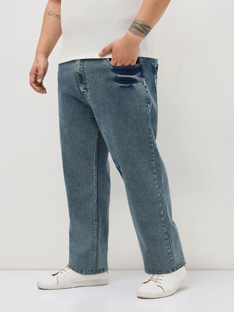 Plus Men's Ice Blue Regular Fit Acid Washed Denim Jeans Stretchable — photo 2