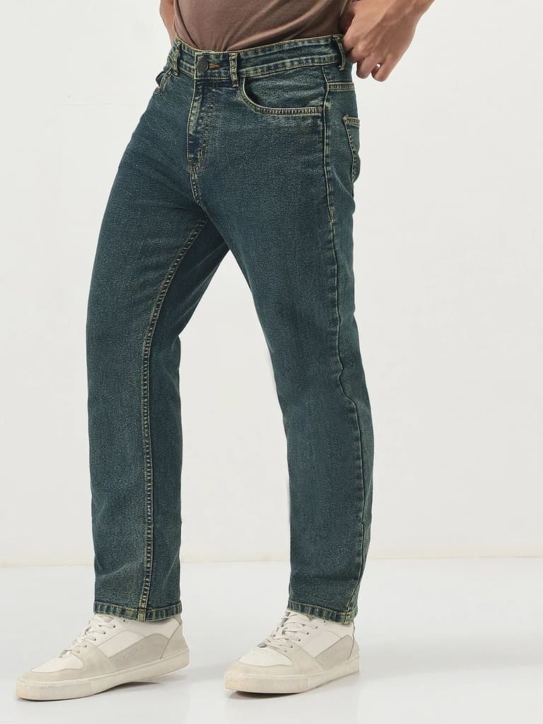 Men's Blue Straight Fit Heavy Washed Jeans Stretchable — photo 2