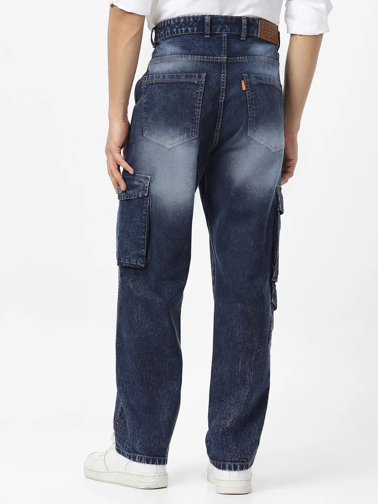 Men's Navy Loose Fit Cargo Jeans With 7 Pockets Non Stretchable — photo 3