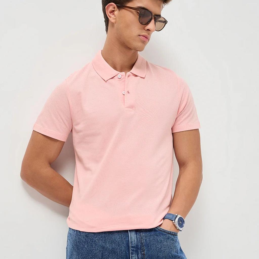 Men's Dusty Pink Solid Regular Fit Half Sleeve Cotton Polo T-Shirt