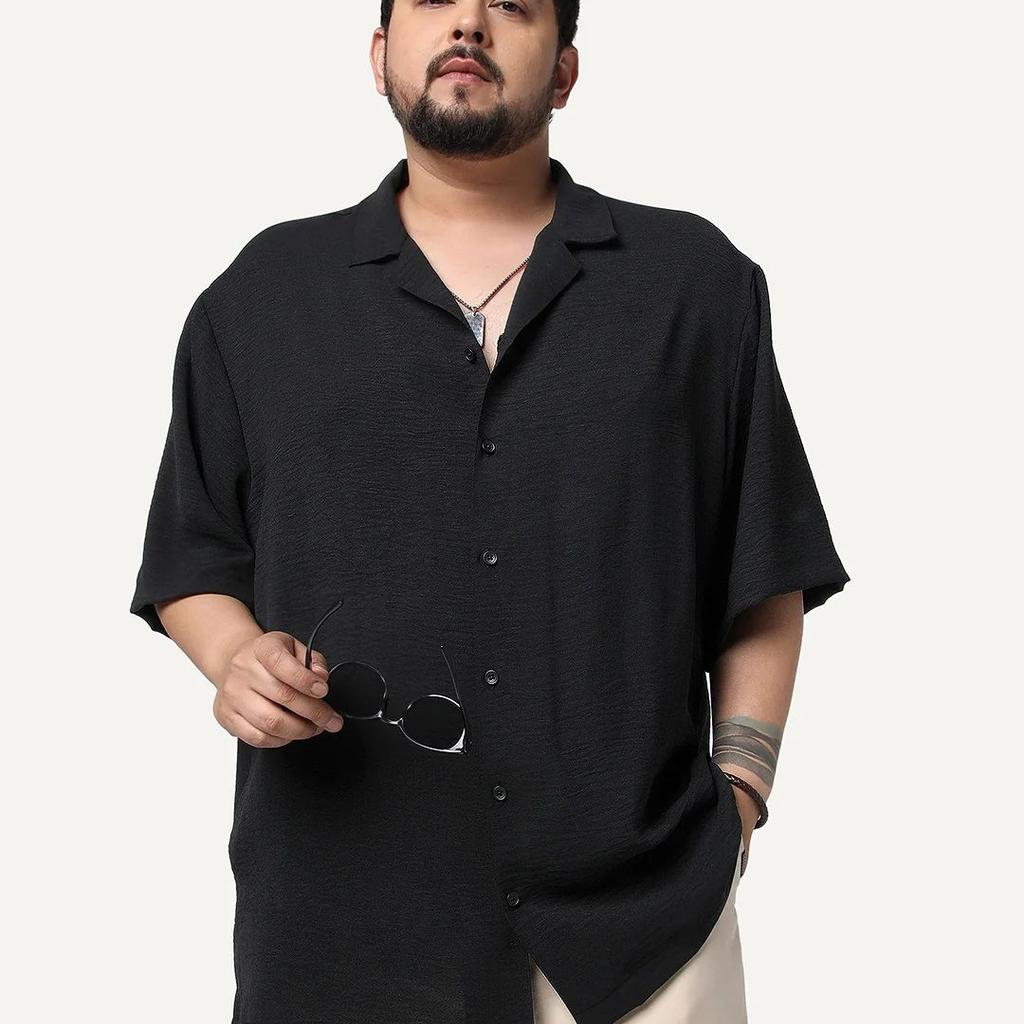 Plus Men's Black Cotton Half Sleeve Relaxed Fit Textured Shirt with Cuban Collar
