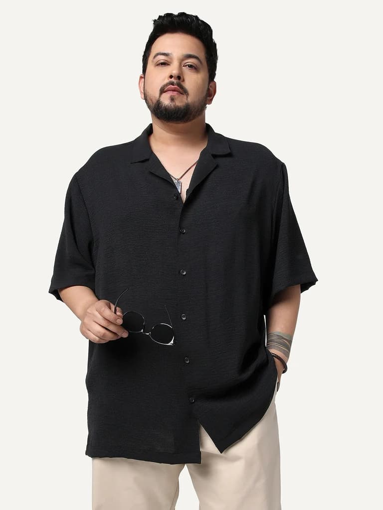 Plus Men's Black Cotton Half Sleeve Relaxed Fit Textured Shirt with Cuban Collar — 2XL / Black
