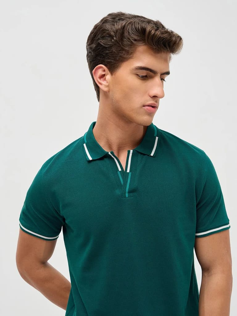 Men's Teal Green Solid Regular Fit Half Sleeve Cotton Polo T-Shirt — photo 5