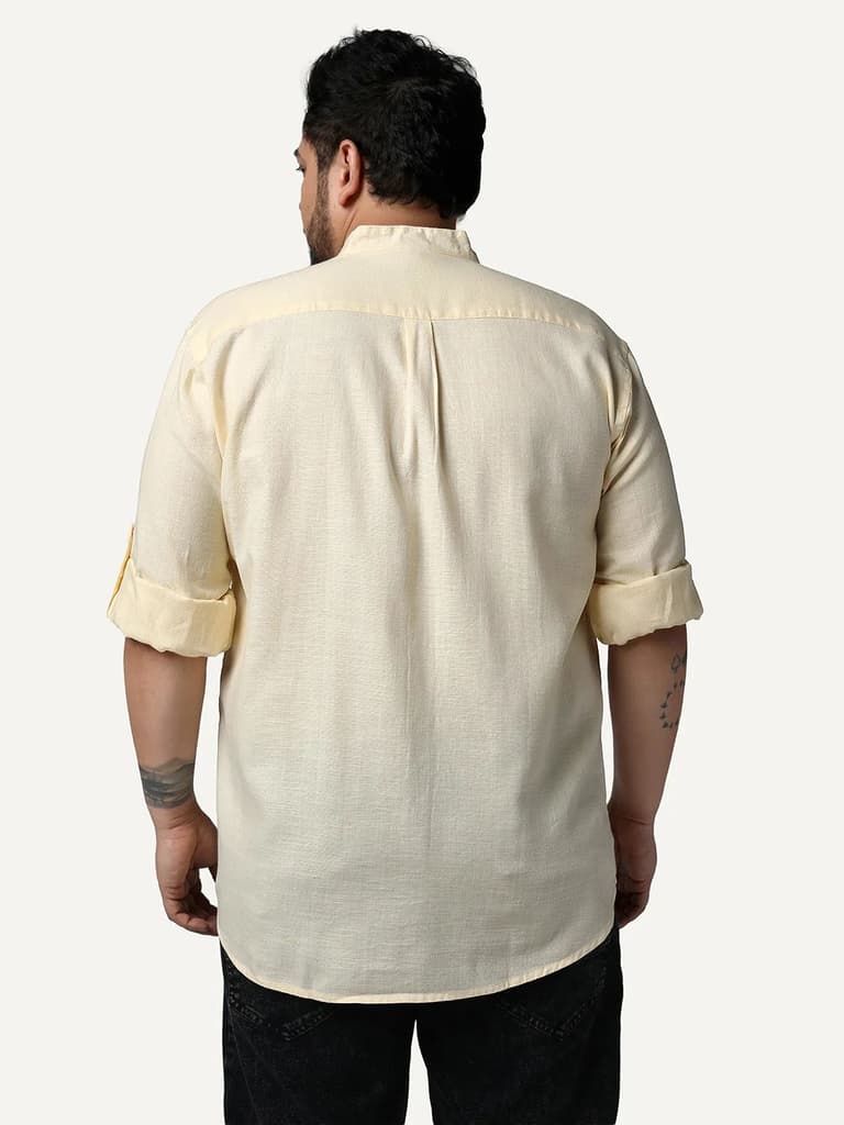 Plus Men's Tender Yellow Linen Blend Full Sleeve Relaxed Fit Mandarin Collar Casual Solid Shirt — photo 3