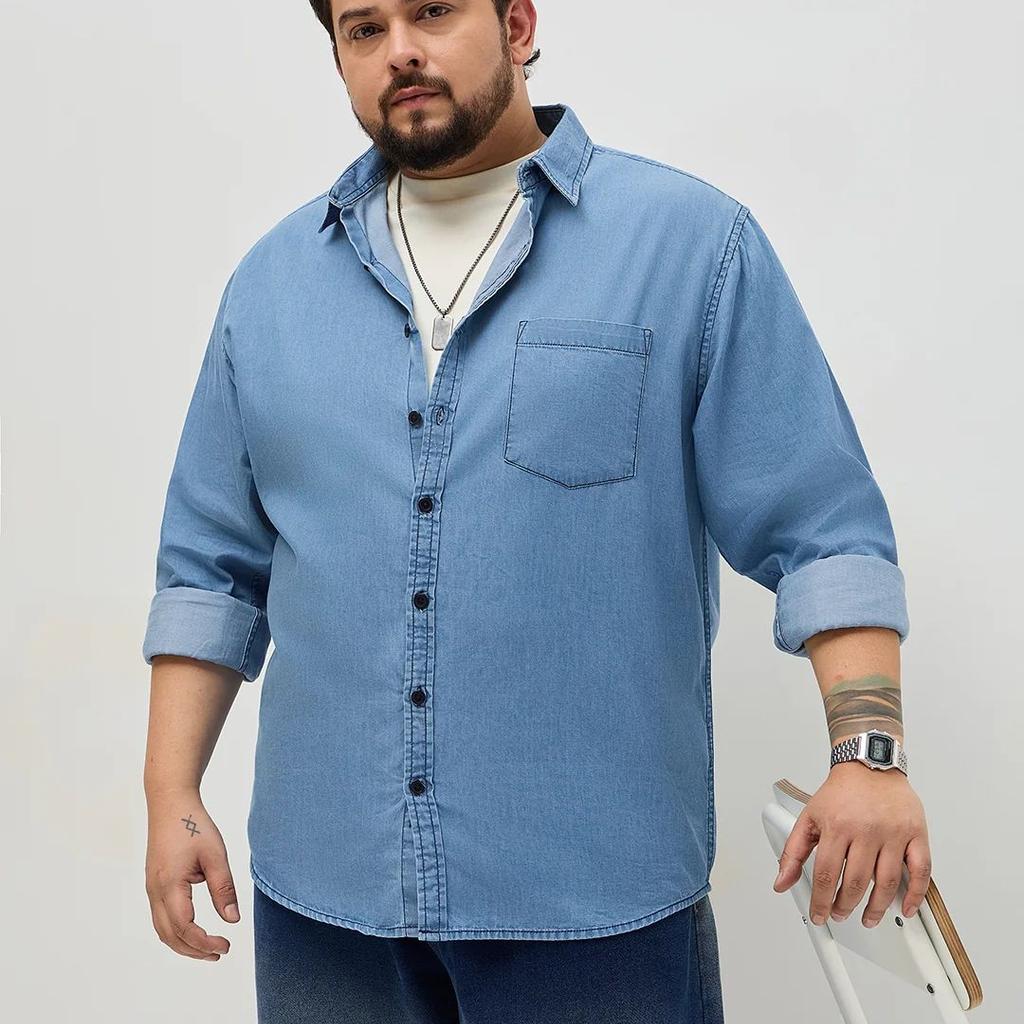 Plus Men's Light Blue Regular Fit Full Sleeve Solid Denim Shirt