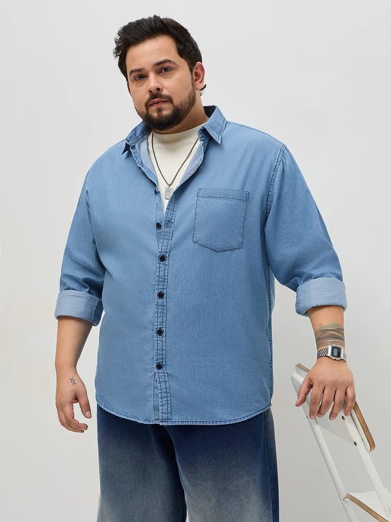 Plus Men's Light Blue Regular Fit Full Sleeve Solid Denim Shirt — XXL / Light Blue