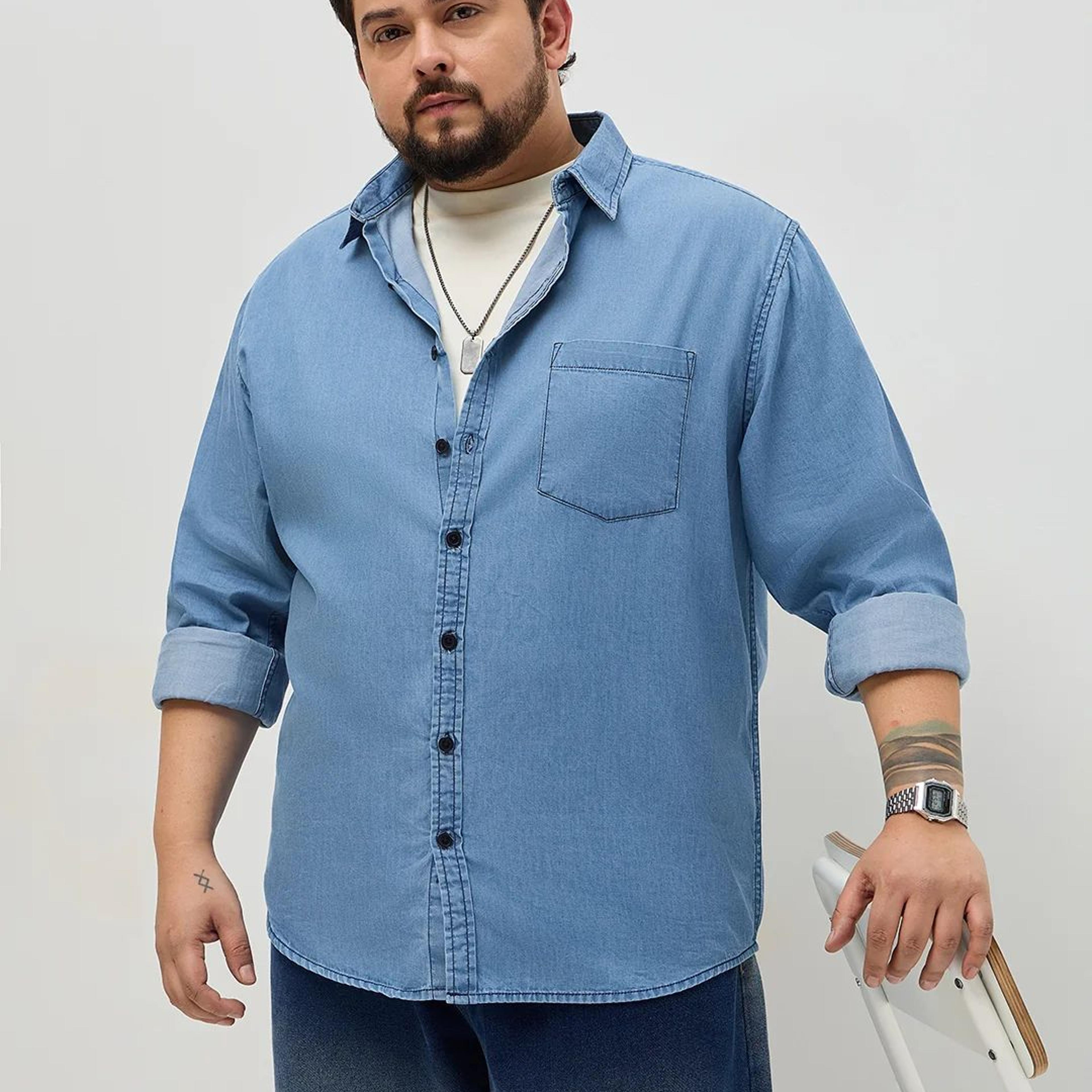 Plus Men's Light Blue Regular Fit Full Sleeve Solid Denim Shirt