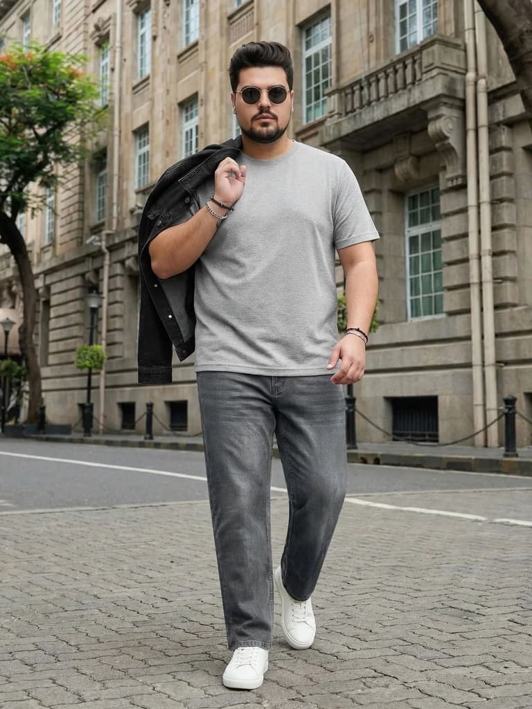 Plus Men's Light Grey Relaxed Fit Washed Denim Jeans Non-Stretchable — photo 4