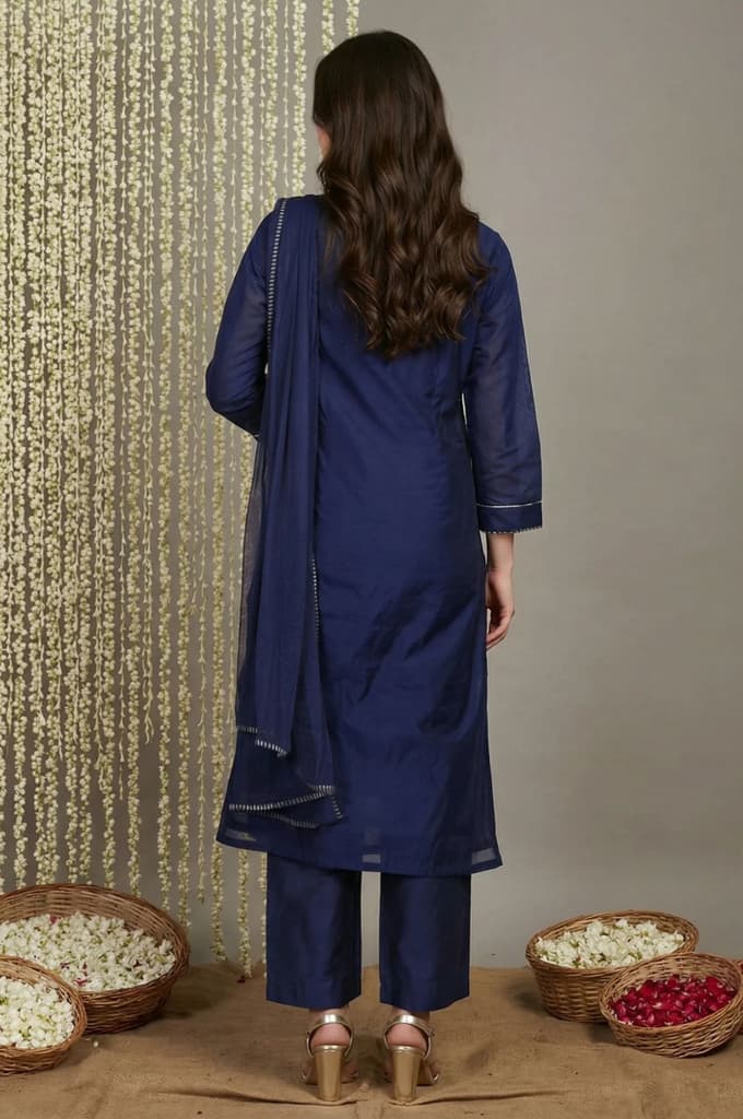 Navy Blue Zari Chanderi Straight Kurta with Straight Pant and Dupatta Set — photo 3