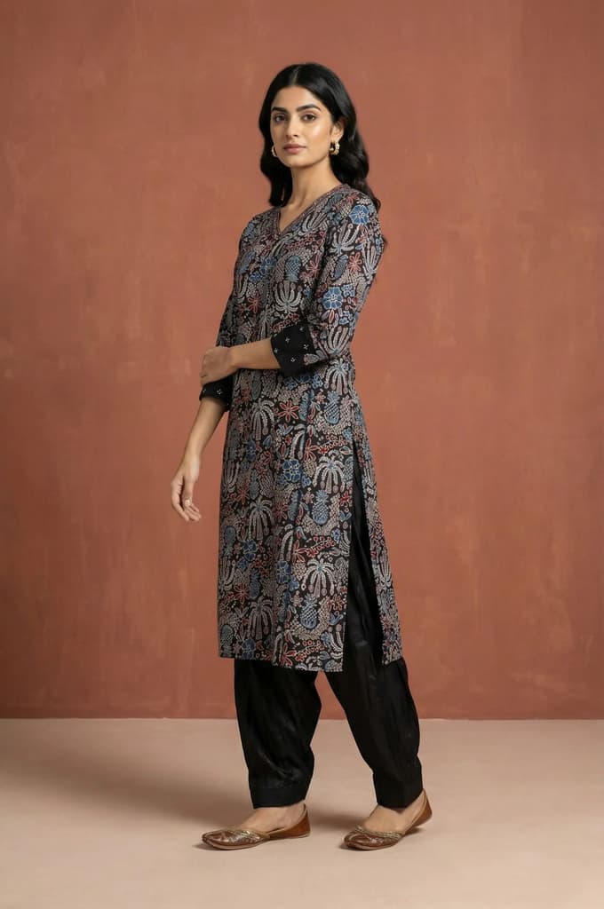 Black Block Printed Floral Satin Straight Kurta with Salwar and Dupatta Set — photo 6