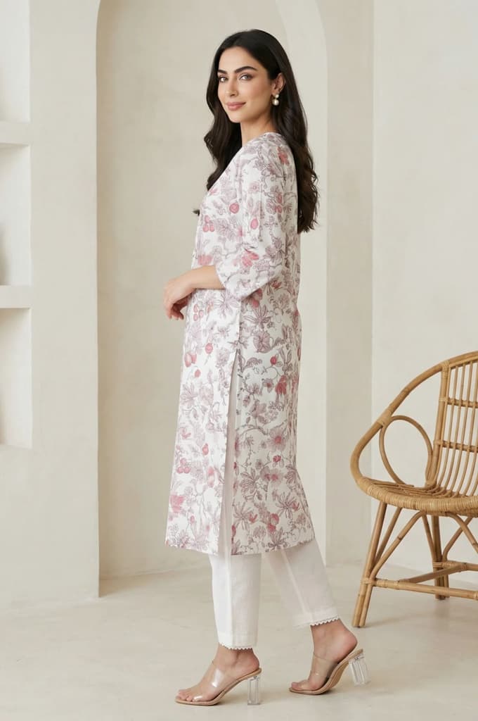 Off White FloralPrinted Rayon Straight Kurta with Lace — photo 4