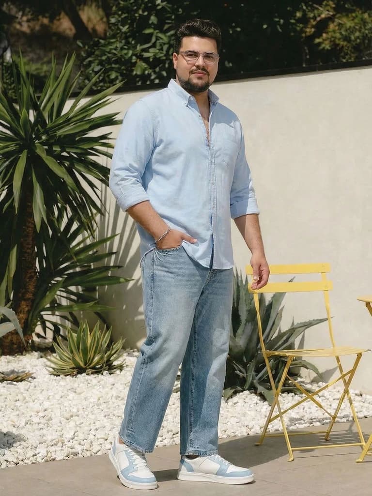 Plus Men's Light Blue Cotton Full Sleeve Regular Fit Solid Oxford Shirt With Button-Down Collar — photo 4