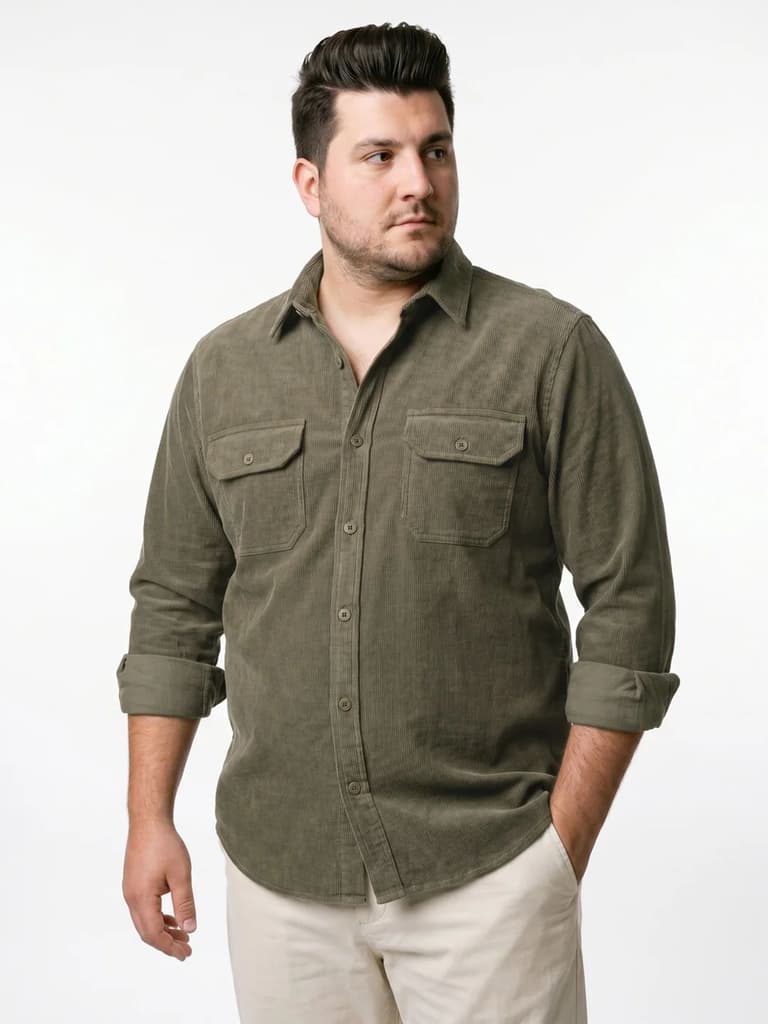 Plus Men's Light Olive Corduroy Full Sleeve Regular Fit Solid Overshirt with Utility Pockets — photo 2
