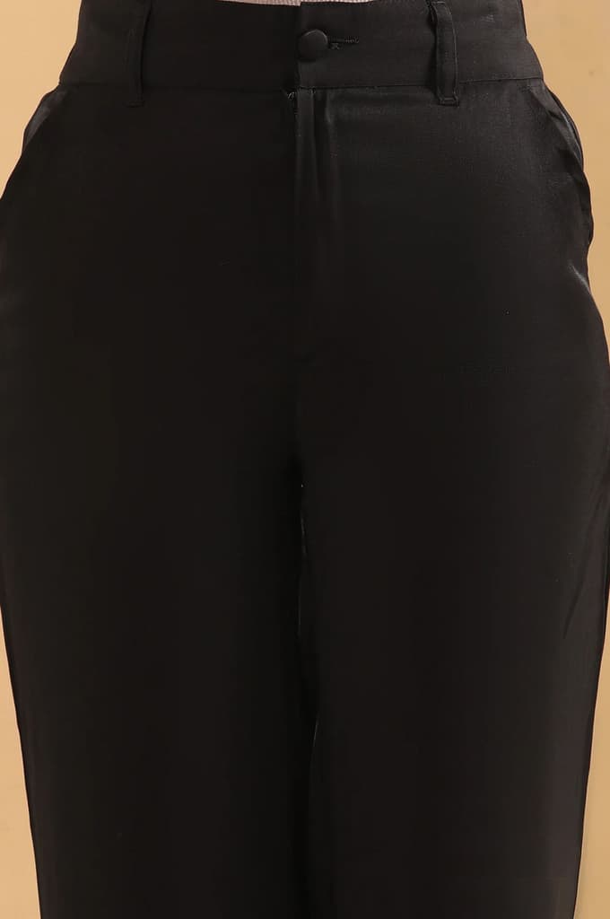 Black Solid Straight Fit Rayon Pants With Button And Zip Closure — photo 6