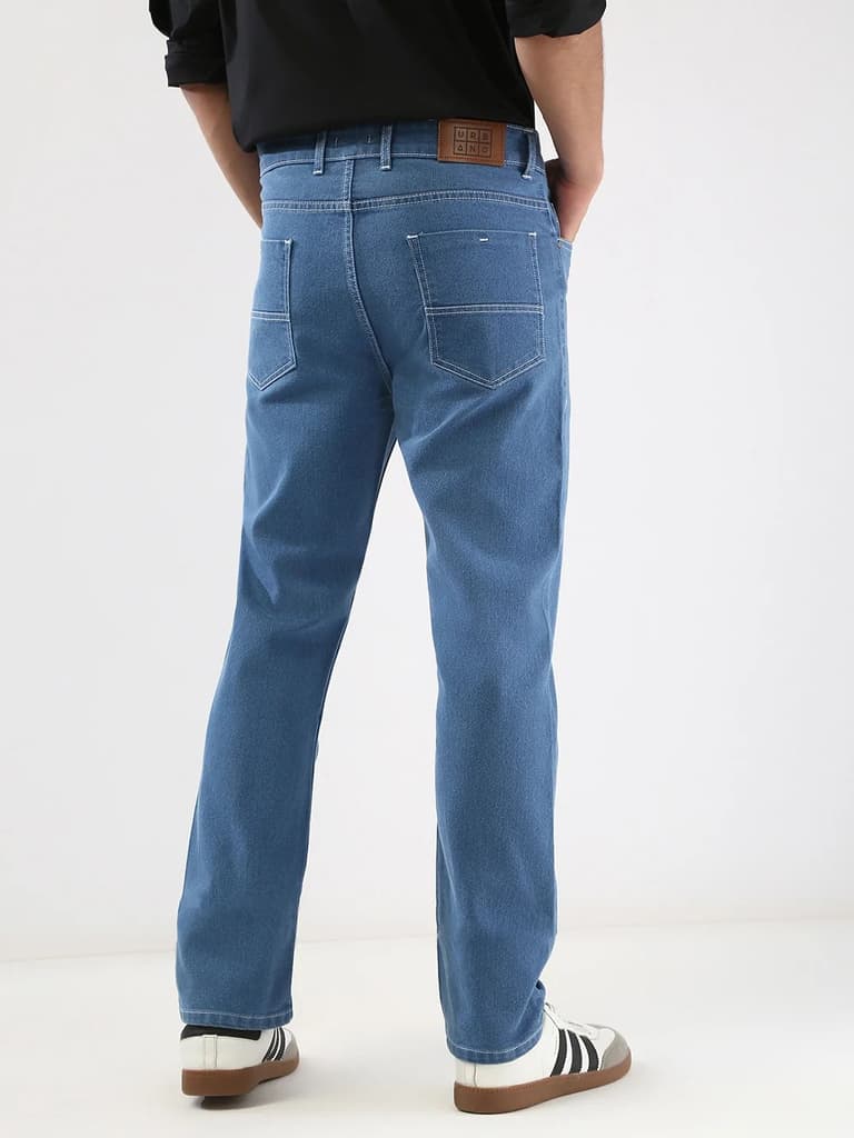 Men's Light Blue Straight Fit Washed Jeans Stretchable — photo 3