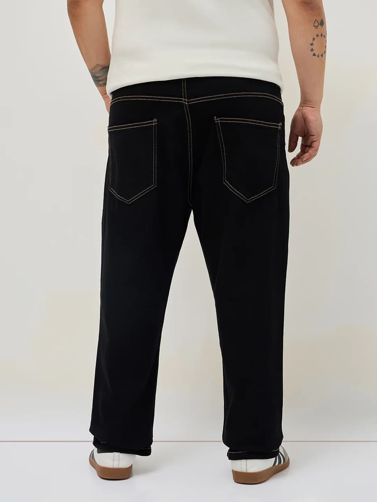 Plus Men's Black Straight Fit Raw Washed Denim Jeans Stretchable — photo 3