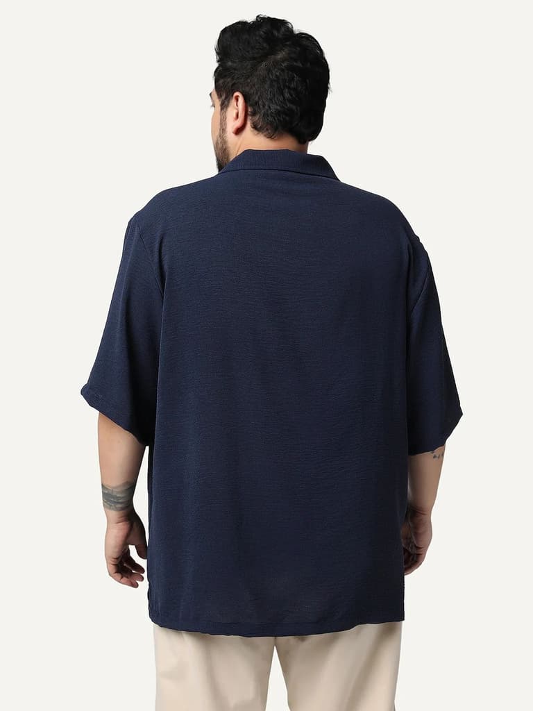 Plus Men's Navy Cotton Half Sleeve Relaxed Fit Textured Shirt with Cuban Collar — photo 3