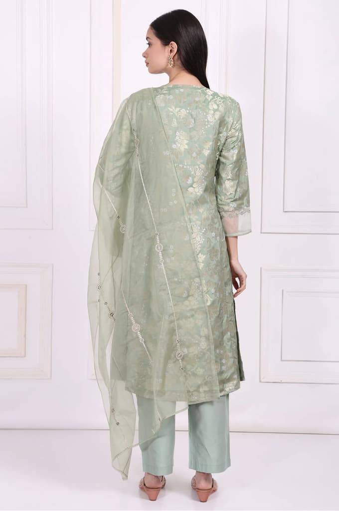 Green Embellished Straight Jacquard Kurta with Straight Pant and Dupatta Set — photo 5