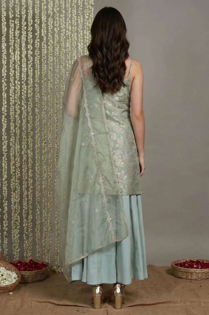 Green Jacquard Zari Straight Kurta with Sharara and Dupatta — photo 4